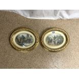 PAIR OF COLOURED OVAL PRINTS OF GRAPE PICKING, IN GILT FRAMES,19X15 CMS.