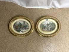 PAIR OF COLOURED OVAL PRINTS OF GRAPE PICKING, IN GILT FRAMES,19X15 CMS.