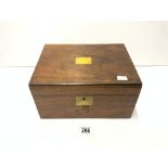 VICTORIAN WALNUT WRITING BOX WITH BRASS PLAQUE, 30X23 CMS.