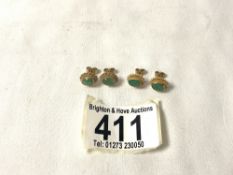 TWO PAIRS OF 9 CT MARKED EMERALD SET EARRINGS.