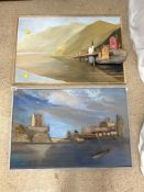 TWO OIL AND DRIFTWOOD PICTURES OF COASTAL SCENES, SIGNED DERYK, 88X60 CMS.