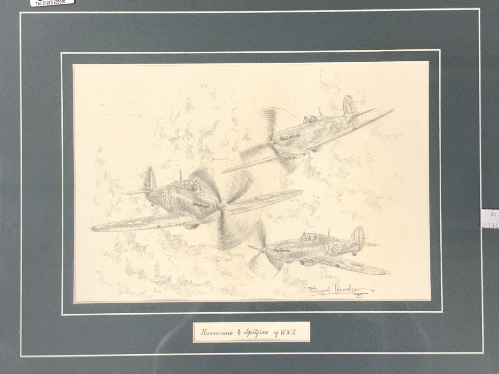 PENCIL SKETCH OF SPITFIRE AND HURRICANE OF WW2, SIGNED DAVID HAWKER, 92, 31X22 CMS. - Image 2 of 5