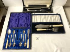 SET OF PLATED TEASPOONS, TONGS, AND SERVERS, A PAIR OF PLATED FISH SERVERS, AND A CARVING KNIFE