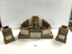 LARGE ART DECO BROWN AND WHITE CLOCK WITH MATCHING GARNITURE DECORATED WITH A BRONZE LADY STROKING A