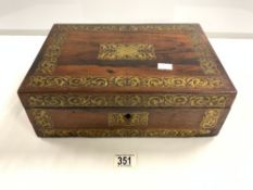 VICTORIAN ROSEWOOD AND ORNATE BRASS INLAID WRITING BOX WITH FITTED INTERIOR. 36X25.