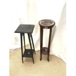 EDWARDIAN MAHOGANY 2-TIER PLANT STAND, AND OAK 2-TIER PLANT STAND.