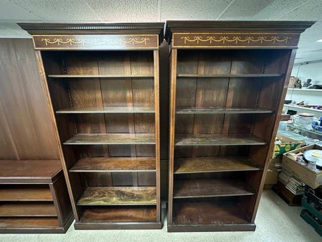 LARGE PAIR OF WOODEN BOOKCASES WITH INLAID MARQUERTY WORK 210 X 110CM