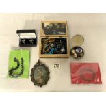 BOX OF MIXED COSTUME JEWELLERY, CUFF LINKS, BADGES AND MORE