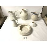 A WHITE PARIAN WARE COPY OF THE " PORTLAND VASE " 18 CMS, 2 PARIAN WARE JUGS, CIRCULAR STAND, SALT