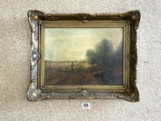 OIL ON CANVAS UNSIGNED FARMER WITH HIS CATTLE IN A ORNATE FRAME 41 X 55CM