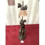 BRONZE STYLE CHILD FIGURE TABLE LAMP WITH PINK GLASS SHADE, 56 CMS.