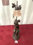 BRONZE STYLE CHILD FIGURE TABLE LAMP WITH PINK GLASS SHADE, 56 CMS.