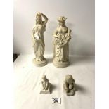 PARIAN WARE FIGURE OF FLOWER LADY; 34 CMS, CLASSICAL FIGURE AND TWO SMALL PARIAN FIGURES OF