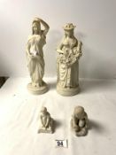 PARIAN WARE FIGURE OF FLOWER LADY; 34 CMS, CLASSICAL FIGURE AND TWO SMALL PARIAN FIGURES OF