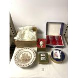 BELLEEK PORCELAIN XMAS DECORATION, ROYAL CROWN DERBY BUTTER DISH AND KNIFE IN BOX, SET OF WEDGWOOD