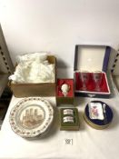 BELLEEK PORCELAIN XMAS DECORATION, ROYAL CROWN DERBY BUTTER DISH AND KNIFE IN BOX, SET OF WEDGWOOD