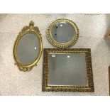 THREE GILT FRAMED WATERCOLOURS, SQUARE, OVAL, CIRCULAR. 78X36 LARGEST.