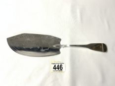 GEORGE III HALLMARKED SILVER ENGRAVED FISH SLICE, EXETER DATED 1810 BY RICHARD FERRIS; 29CM; 135