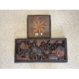 HEAVILY CARVED WOODEN ORIENTAL PANEL OF MAN ON ELEPHANT, 65X31 CMS, AND A STAR INLAID BRASS