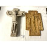 STONE CRUCIFIX; 40 CMS AND PARIAN PLAQUE WITH EMBOSSED CRUCFIX,