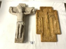 STONE CRUCIFIX; 40 CMS AND PARIAN PLAQUE WITH EMBOSSED CRUCFIX,