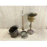 EMBOSSED BRASS JARDINERE ON STAND, COPPER COAL SCUTTLE, AND A COPPER HORN.