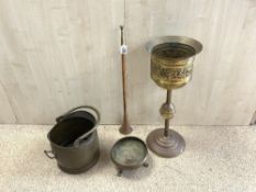EMBOSSED BRASS JARDINERE ON STAND, COPPER COAL SCUTTLE, AND A COPPER HORN.