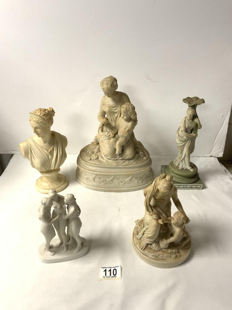 PARIAN WARE FIGURE OF MOTHER AND CHILD A/F, BUST OF DIANA; SIGNED A GIONNELLI; 22 CMS, SMALL