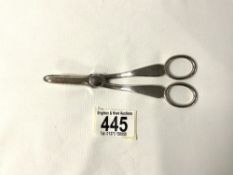 PAIR OF HALLMARKED SILVER GRAPE SHEARS DATED 1920 BY C.W.FLETCHER AND SON; 15.5CM; 90 GRAMS