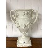 WHITE ORNATE CERAMIC TWO HANDLE URN VASE BY CASASUS SPAIN, 44 CMS.