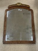 FRENCH EMPIRE STYLE BURR WALNUT BEVELLED WALL MIRROR WITH BRASS CARTOCH, 74X106 CMS.