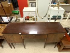 VINTAGE MAHOGANY BREAKFRONT SIDEBOARD WITH BRASS DROP HANDLES AND FLUTE LEGS 150 X 46CM