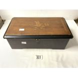 19TH-CENTURY SWISS MUSIC BOX IN A MARQUETRY WORKED BOX W/O 36CM