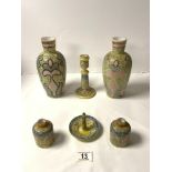 PAIR OF OPALINE GLASS ENAMELLED AND PAINTED VASES; 23 CMS, TWO SIMILAR SCENT BOTTLES, CANDLESTICK