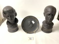 PAIR OF WEDGWOOD BLACK JASPER WARE BUSTS OF - HM QUEEN ELIZABETH II AND HRH THE DUKE OF EDINBURGH;