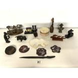 SET OF VICTORIAN POSTAL SCALES, CARVED MOTHER OF PEARL BUTTERFLY WITH SUNDRY SMALL ITEMS