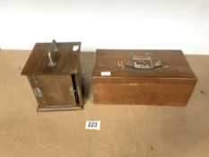 EDWARDIAN MAHOGANY CASED SERVANTS BELL, AND MAHOGANY BOX WITH PAINTED ANCIENT EGYPTIAN BOAT AND