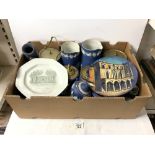 QUANTITY BLUE AND WHITE WEDGEWOOD JASPERWARE, BISCUIT BARRELS, VASES ETC, SOME A/F.