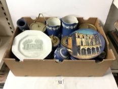 QUANTITY BLUE AND WHITE WEDGEWOOD JASPERWARE, BISCUIT BARRELS, VASES ETC, SOME A/F.