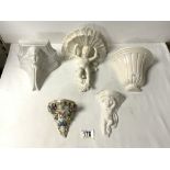 ITALIAN WHITE PORCELAIN CHERUB SUPPORT WALL BRACKET, 3 OTHER PORCELAIN WALL BRACKETS, AND A PARIAN