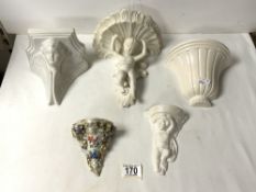 ITALIAN WHITE PORCELAIN CHERUB SUPPORT WALL BRACKET, 3 OTHER PORCELAIN WALL BRACKETS, AND A PARIAN