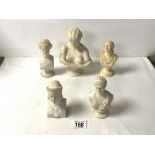 PARIAN WARE BUST OF CLYTIE, 19 CMS, PARIAN BUST OF APHRODITE, AND 3 OTHER BUSTS.