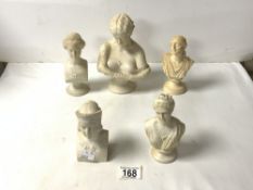 PARIAN WARE BUST OF CLYTIE, 19 CMS, PARIAN BUST OF APHRODITE, AND 3 OTHER BUSTS.