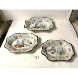 JAPANESE PORCELAIN GRADUATING SET OF SHAPED PLATES, DECORATED WITH OBJECTS AND BUTTERFLIES; 32 CMS.