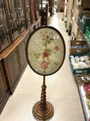 TAPESTRY WORKED VICTORIAN OVAL FIRESCREEN BARLEY TWIST POLE 136CM