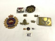 MILITARY BRASS BUCKLE, ENGINEERS GENIE CANADA BRASS PLAQUE, MILITARY LEATHER AND BRASS BRACELET,