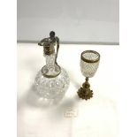 SILVER-PLATED HOBNAIL GLASS EWER WITH A BRASS AND GLASS CANDLESTICK
