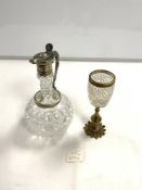 SILVER-PLATED HOBNAIL GLASS EWER WITH A BRASS AND GLASS CANDLESTICK