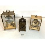 SMITHS BRASS LANTERN STYLE MANTEL CLOCK 19CM AND TWO KUNDO BRASS AND GLASS CLOCKS