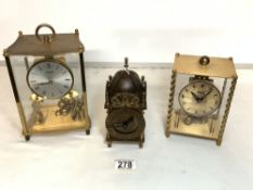 SMITHS BRASS LANTERN STYLE MANTEL CLOCK 19CM AND TWO KUNDO BRASS AND GLASS CLOCKS